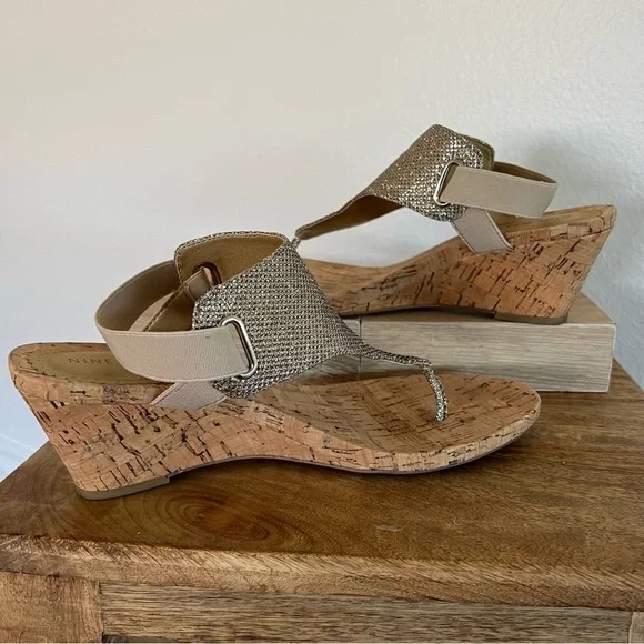 NINE WEST light gold cork wedge sandals stretchy back strap with box - Picture 5 of 6
